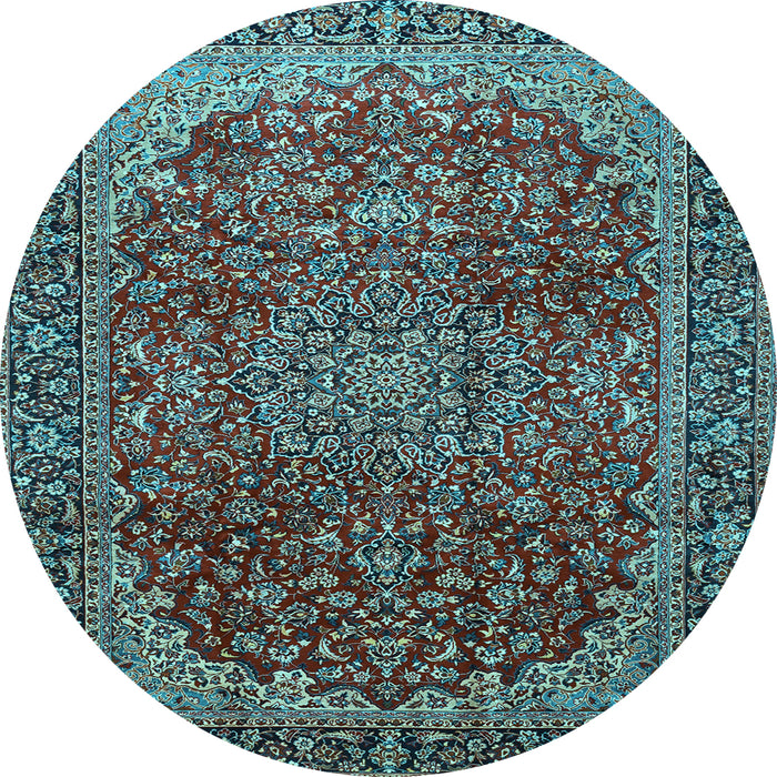Round Machine Washable Medallion Light Blue Traditional Rug, wshtr2160lblu