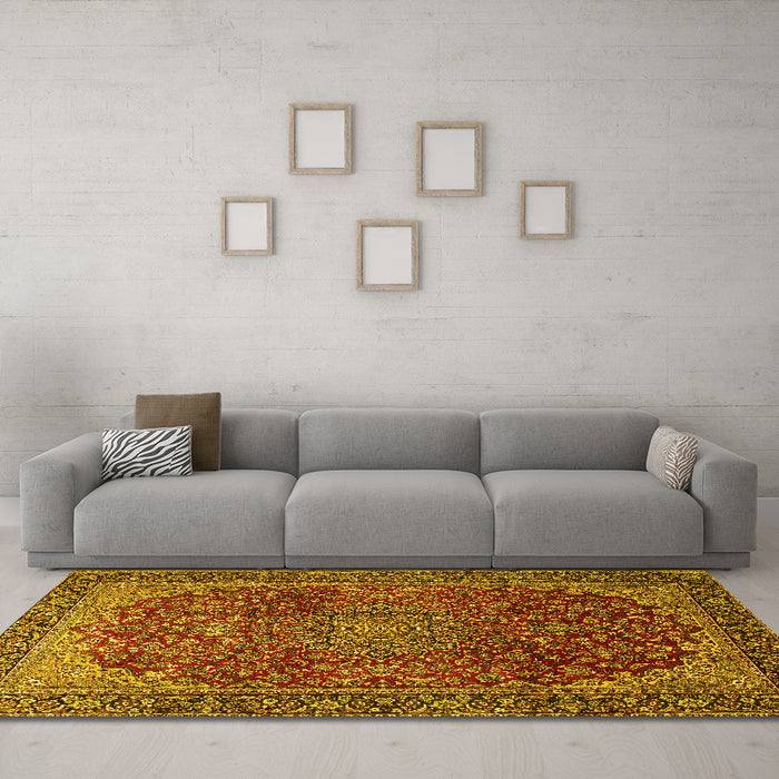Machine Washable Medallion Yellow Traditional Rug in a Living Room, wshtr2160yw