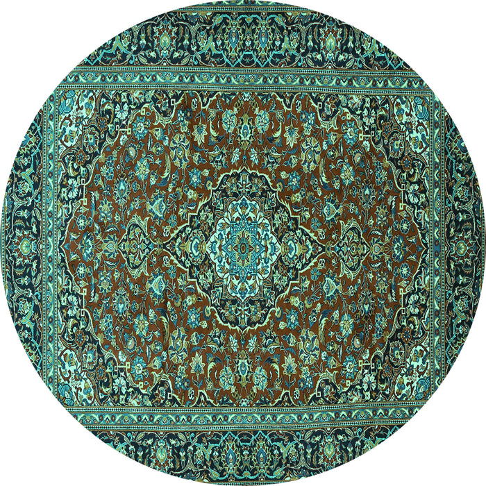 Round Machine Washable Medallion Turquoise Traditional Area Rugs, wshtr2161turq