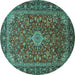 Round Machine Washable Medallion Turquoise Traditional Area Rugs, wshtr2161turq