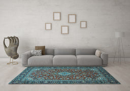 Machine Washable Medallion Light Blue Traditional Rug in a Living Room, wshtr2161lblu