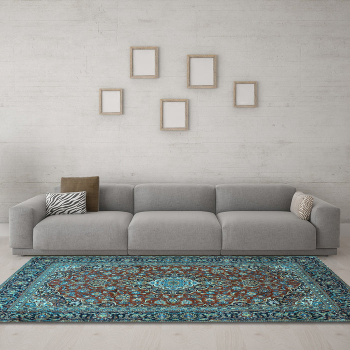 Machine Washable Medallion Light Blue Traditional Rug in a Living Room, wshtr2161lblu