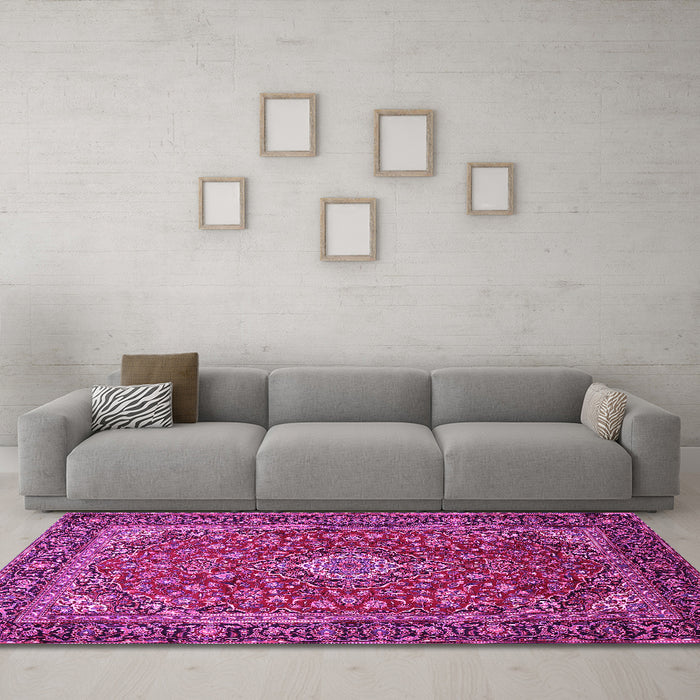 Machine Washable Medallion Pink Traditional Rug in a Living Room, wshtr2161pnk