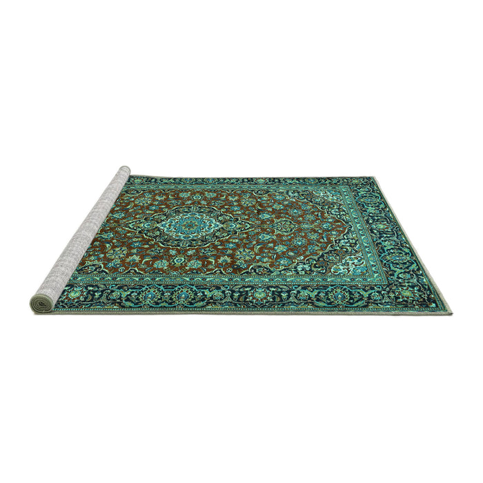 Sideview of Machine Washable Medallion Turquoise Traditional Area Rugs, wshtr2161turq