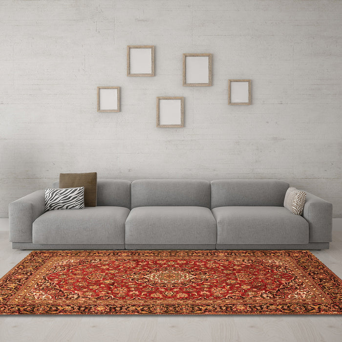 Machine Washable Medallion Orange Traditional Area Rugs in a Living Room, wshtr2161org