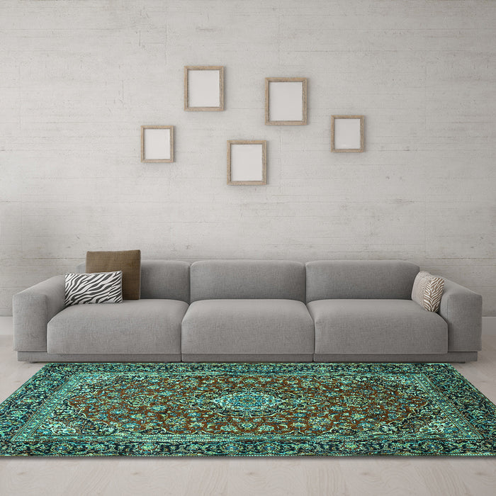 Machine Washable Medallion Turquoise Traditional Area Rugs in a Living Room,, wshtr2161turq