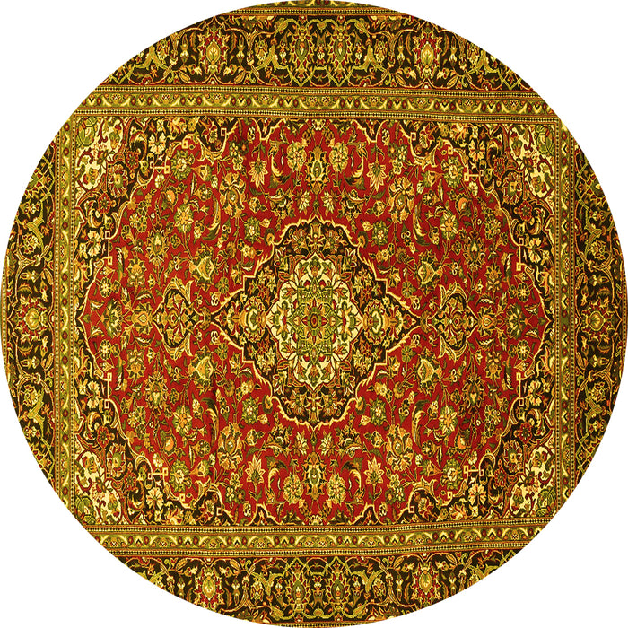 Round Machine Washable Medallion Yellow Traditional Rug, wshtr2161yw