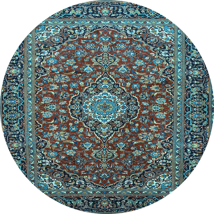 Round Machine Washable Medallion Light Blue Traditional Rug, wshtr2161lblu