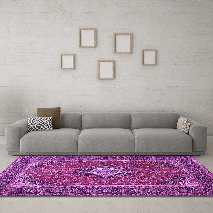 Machine Washable Medallion Purple Traditional Area Rugs in a Living Room, wshtr2162pur