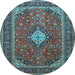 Round Machine Washable Medallion Light Blue Traditional Rug, wshtr2162lblu