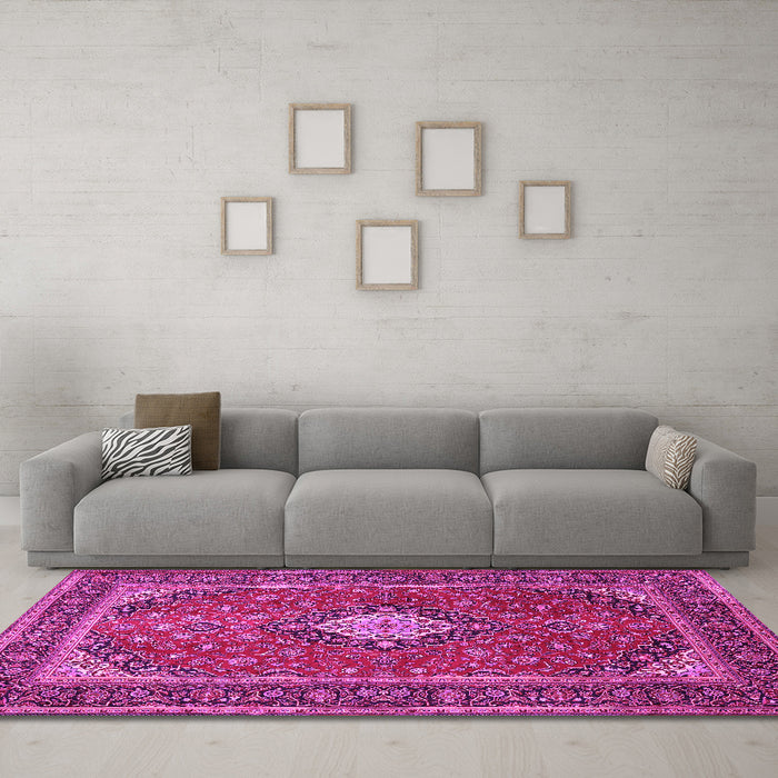 Machine Washable Medallion Pink Traditional Rug in a Living Room, wshtr2162pnk