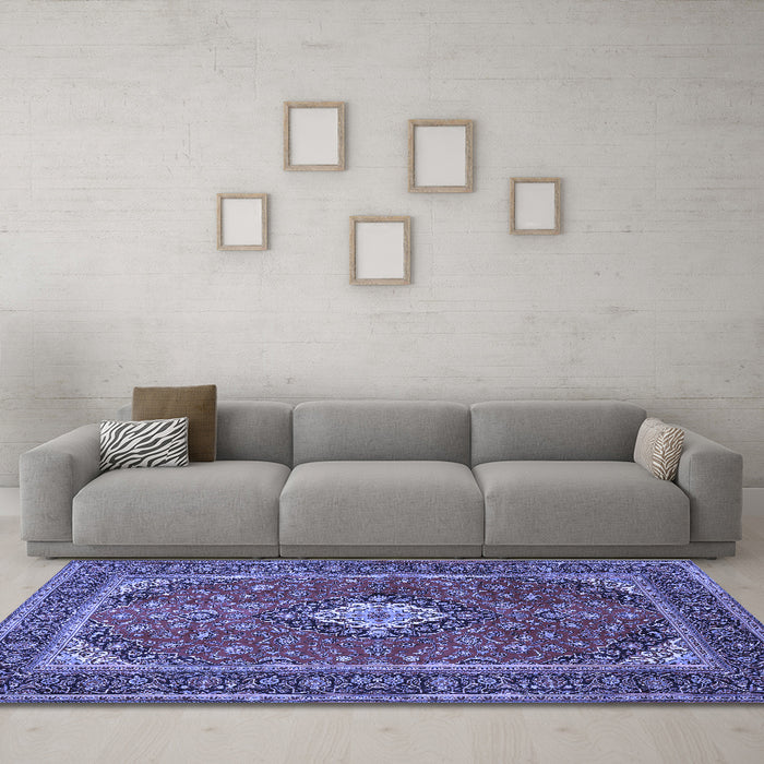 Machine Washable Medallion Blue Traditional Rug in a Living Room, wshtr2162blu