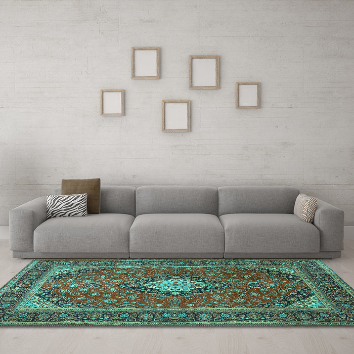 Machine Washable Medallion Turquoise Traditional Area Rugs in a Living Room,, wshtr2162turq