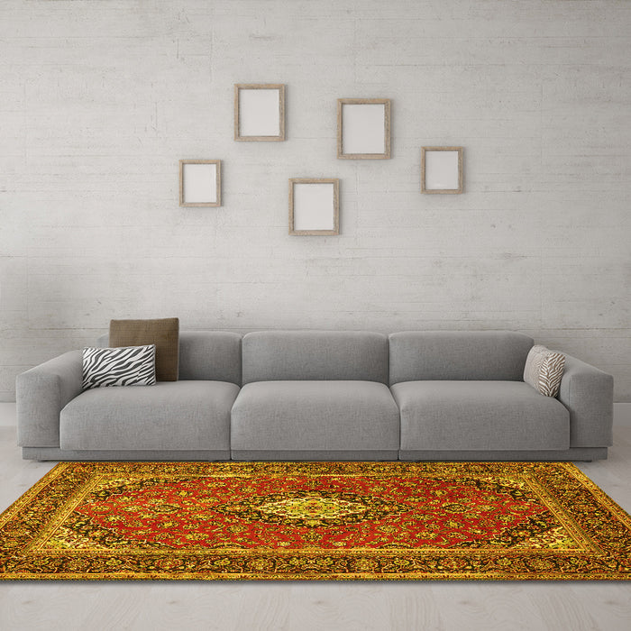 Machine Washable Medallion Yellow Traditional Rug in a Living Room, wshtr2162yw