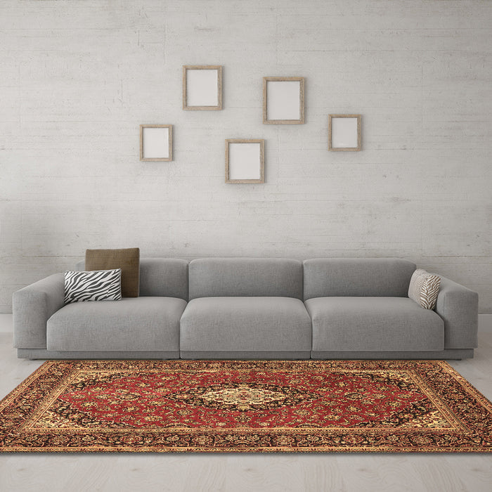 Machine Washable Medallion Brown Traditional Rug in a Living Room,, wshtr2162brn