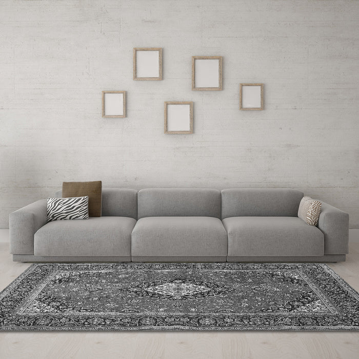 Machine Washable Medallion Gray Traditional Rug in a Living Room,, wshtr2162gry