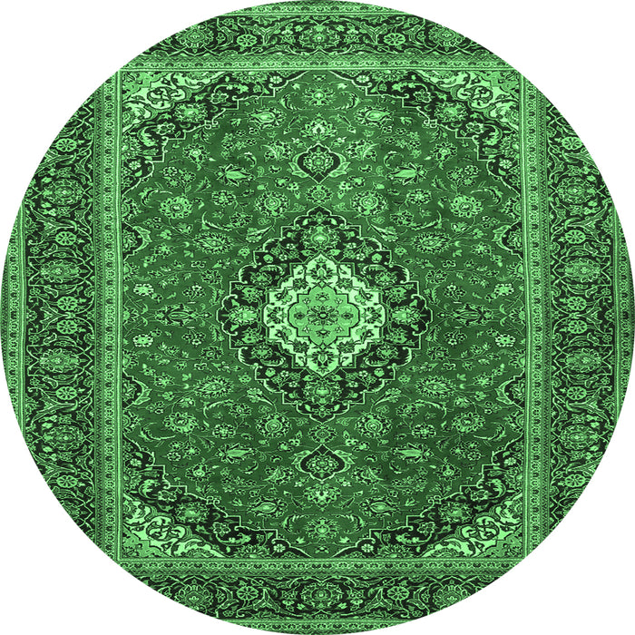 Round Machine Washable Medallion Emerald Green Traditional Area Rugs, wshtr2162emgrn