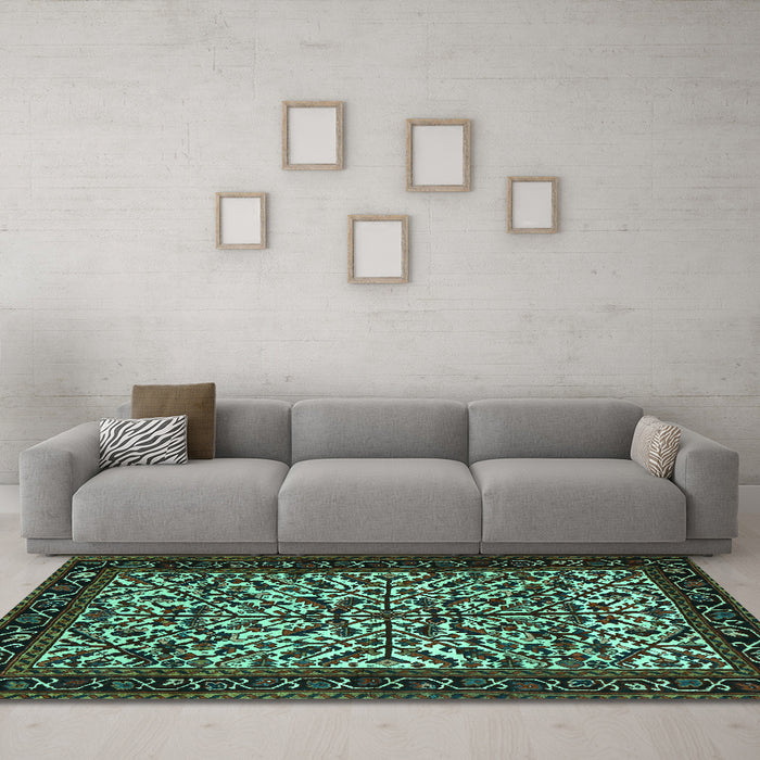 Machine Washable Persian Turquoise Traditional Area Rugs in a Living Room,, wshtr2163turq