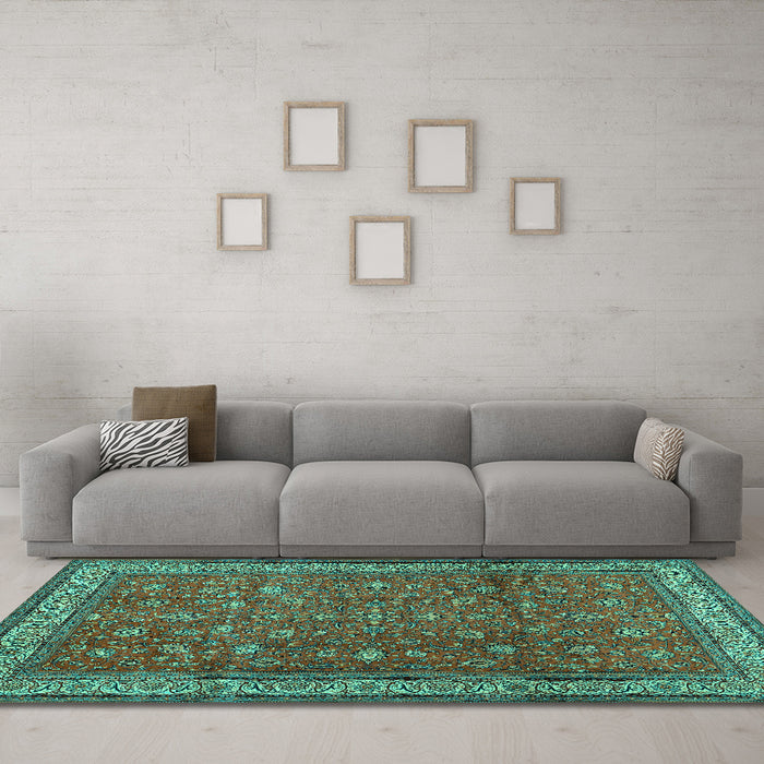 Machine Washable Persian Turquoise Traditional Area Rugs in a Living Room,, wshtr2164turq