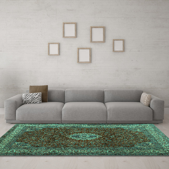 Machine Washable Persian Turquoise Traditional Area Rugs in a Living Room,, wshtr2165turq