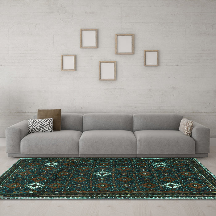 Machine Washable Persian Turquoise Traditional Area Rugs in a Living Room,, wshtr2167turq