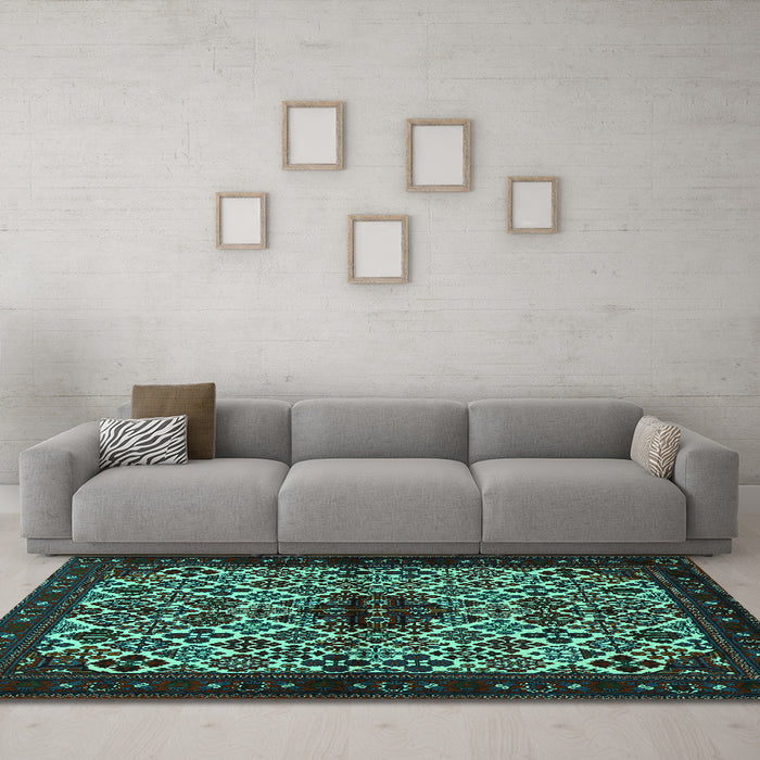 Machine Washable Persian Turquoise Traditional Area Rugs in a Living Room,, wshtr2168turq
