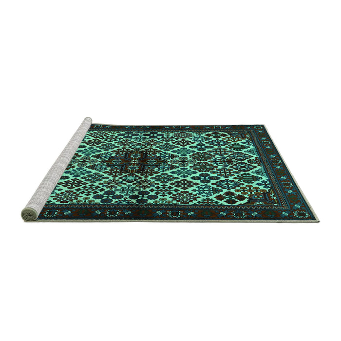 Sideview of Machine Washable Persian Turquoise Traditional Area Rugs, wshtr2168turq