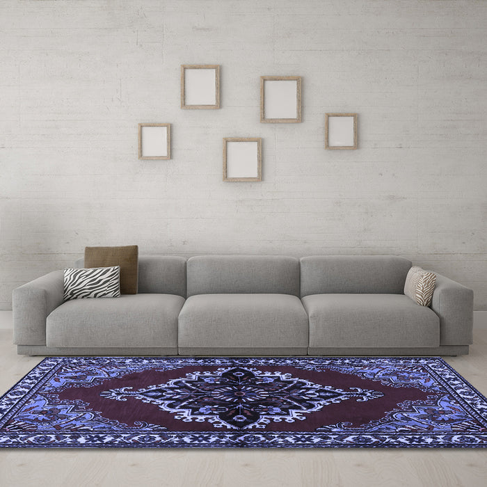 Machine Washable Medallion Blue Traditional Rug in a Living Room, wshtr2169blu