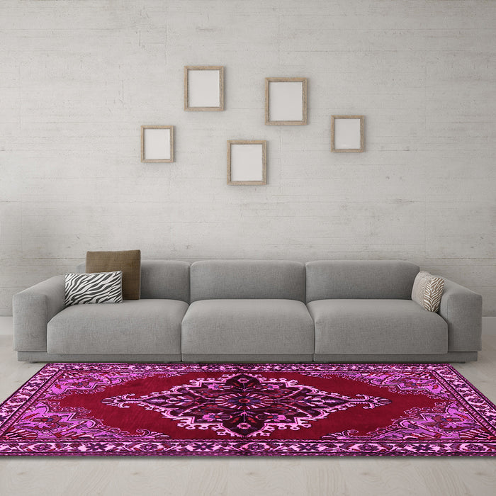 Machine Washable Medallion Pink Traditional Rug in a Living Room, wshtr2169pnk