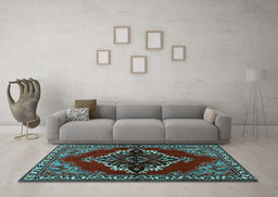 Machine Washable Medallion Light Blue Traditional Rug in a Living Room, wshtr2169lblu