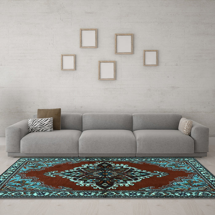 Machine Washable Medallion Light Blue Traditional Rug in a Living Room, wshtr2169lblu