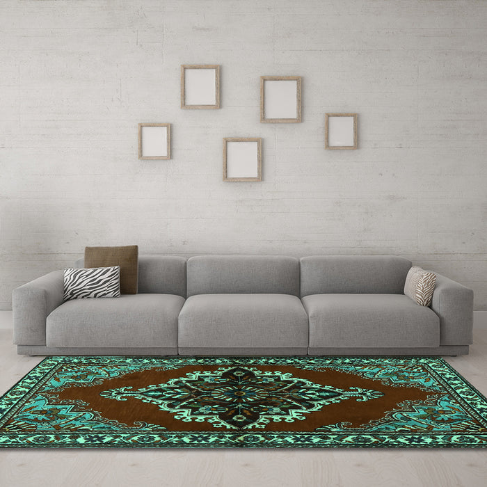 Machine Washable Medallion Turquoise Traditional Area Rugs in a Living Room,, wshtr2169turq