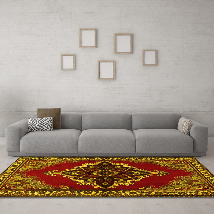 Machine Washable Medallion Yellow Traditional Rug in a Living Room, wshtr2169yw