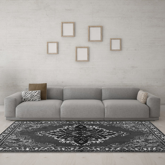 Machine Washable Medallion Gray Traditional Rug in a Living Room,, wshtr2169gry