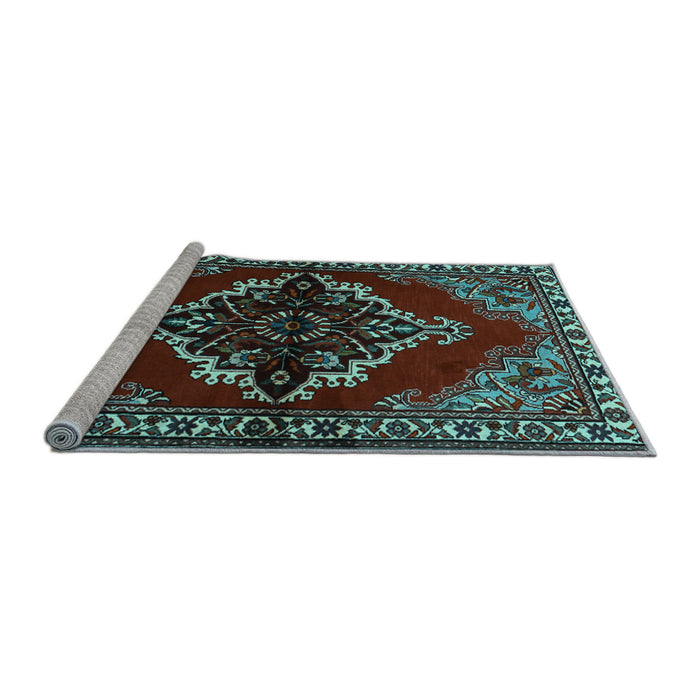 Sideview of Machine Washable Medallion Light Blue Traditional Rug, wshtr2169lblu