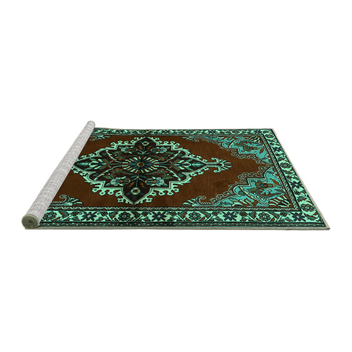 Sideview of Machine Washable Medallion Turquoise Traditional Area Rugs, wshtr2169turq