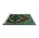 Sideview of Machine Washable Medallion Turquoise Traditional Area Rugs, wshtr2169turq