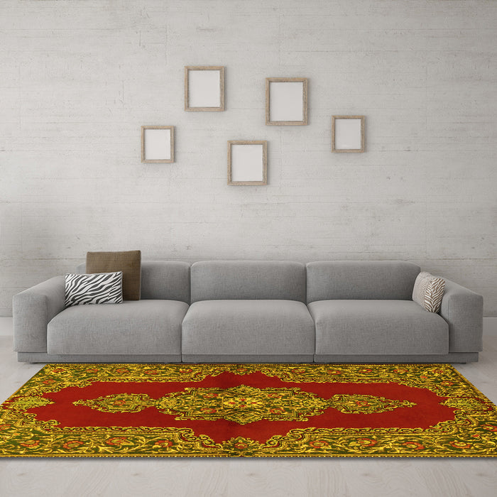 Machine Washable Medallion Yellow Traditional Rug in a Living Room, wshtr2170yw