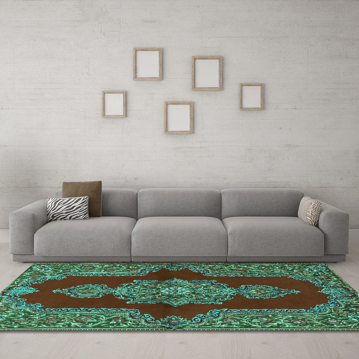 Machine Washable Medallion Turquoise Traditional Area Rugs in a Living Room,, wshtr2170turq