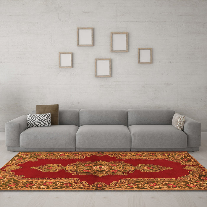 Machine Washable Medallion Orange Traditional Area Rugs in a Living Room, wshtr2170org