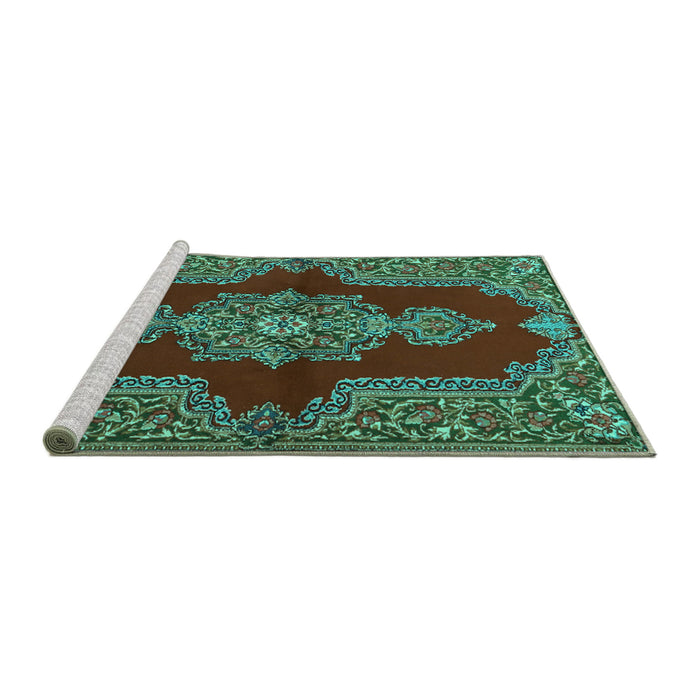 Sideview of Machine Washable Medallion Turquoise Traditional Area Rugs, wshtr2170turq