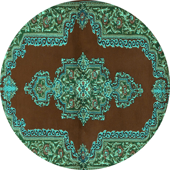 Round Machine Washable Medallion Turquoise Traditional Area Rugs, wshtr2170turq