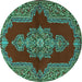 Round Machine Washable Medallion Turquoise Traditional Area Rugs, wshtr2170turq