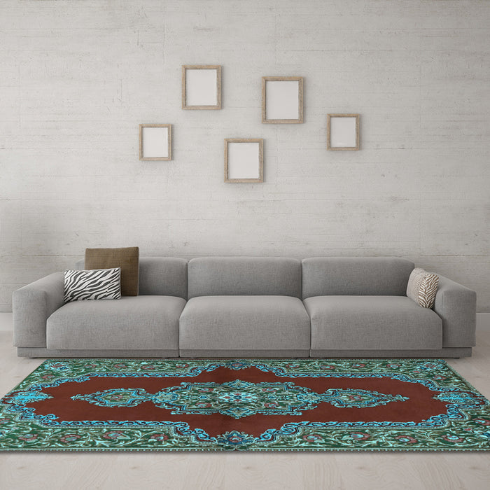 Machine Washable Medallion Light Blue Traditional Rug in a Living Room, wshtr2170lblu