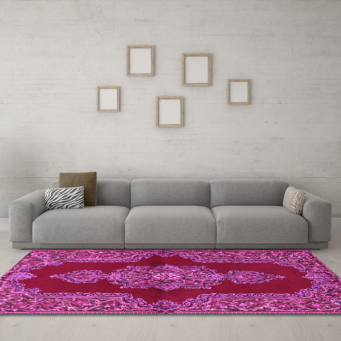 Machine Washable Medallion Pink Traditional Rug in a Living Room, wshtr2170pnk