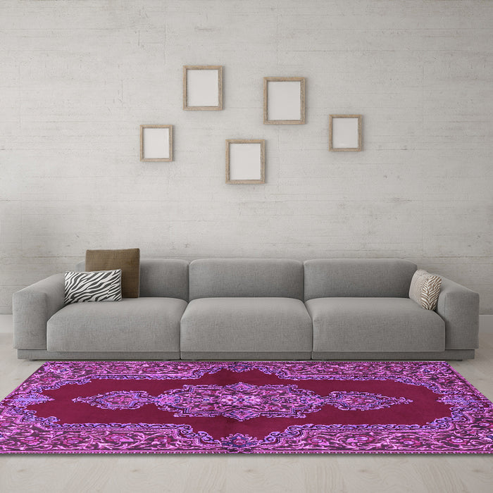 Machine Washable Medallion Purple Traditional Area Rugs in a Living Room, wshtr2170pur
