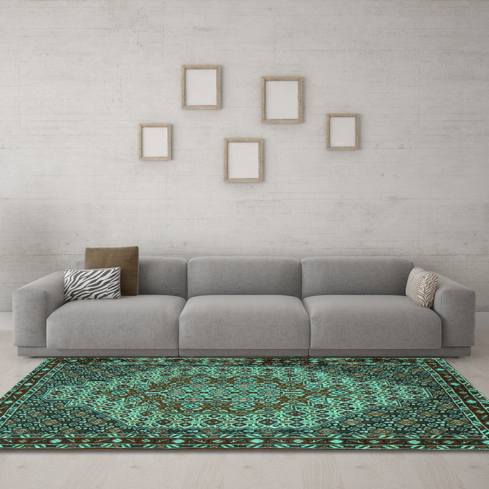 Machine Washable Persian Turquoise Traditional Area Rugs in a Living Room,, wshtr2171turq