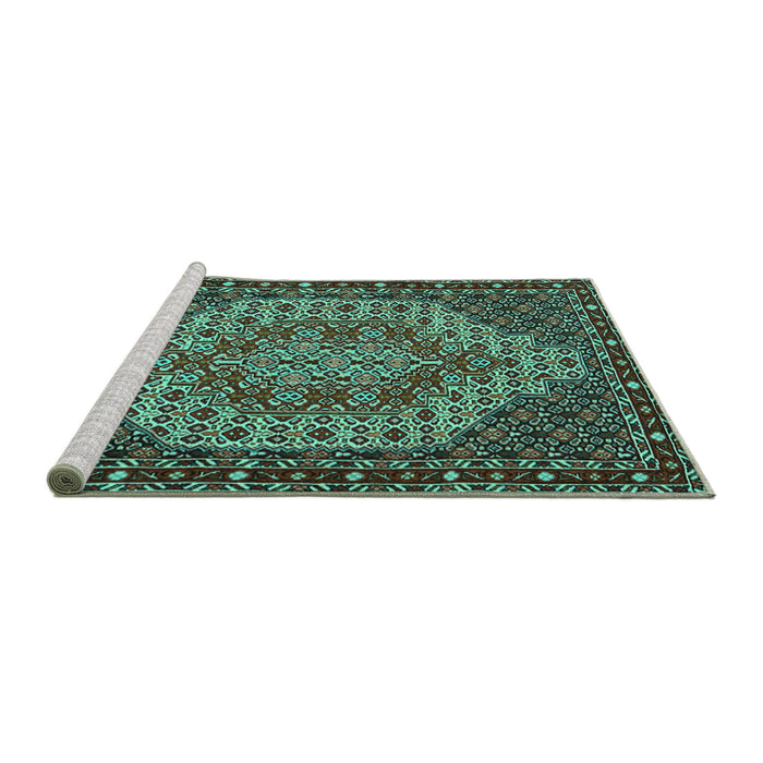 Sideview of Machine Washable Persian Turquoise Traditional Area Rugs, wshtr2171turq
