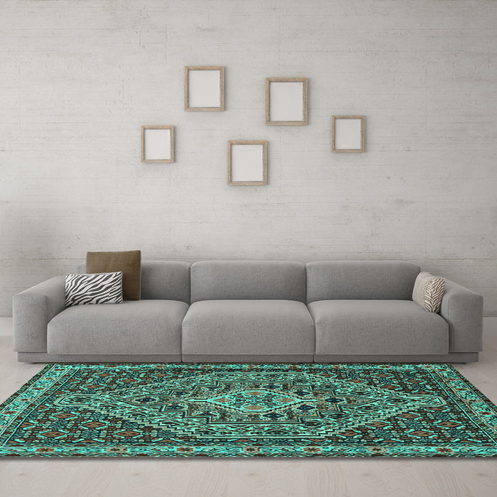 Machine Washable Persian Turquoise Traditional Area Rugs in a Living Room,, wshtr2172turq