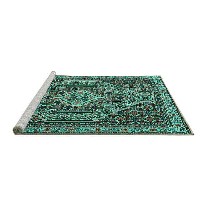 Sideview of Machine Washable Persian Turquoise Traditional Area Rugs, wshtr2172turq